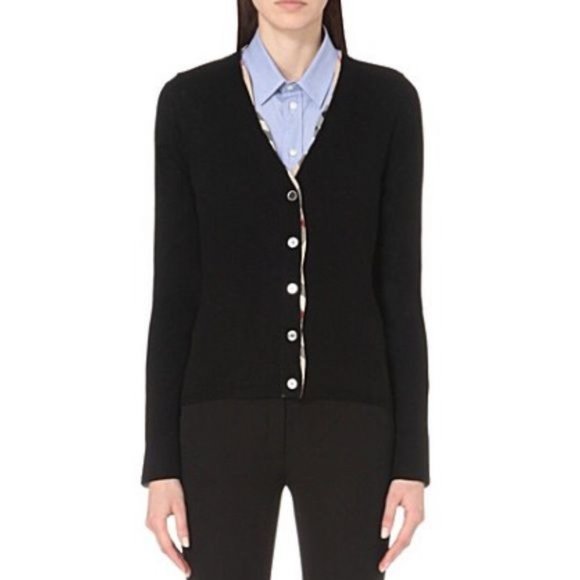 Burberry Checked-Trim Nova Merino Wool Cardigan Black Size Small - Picture 2 of 14